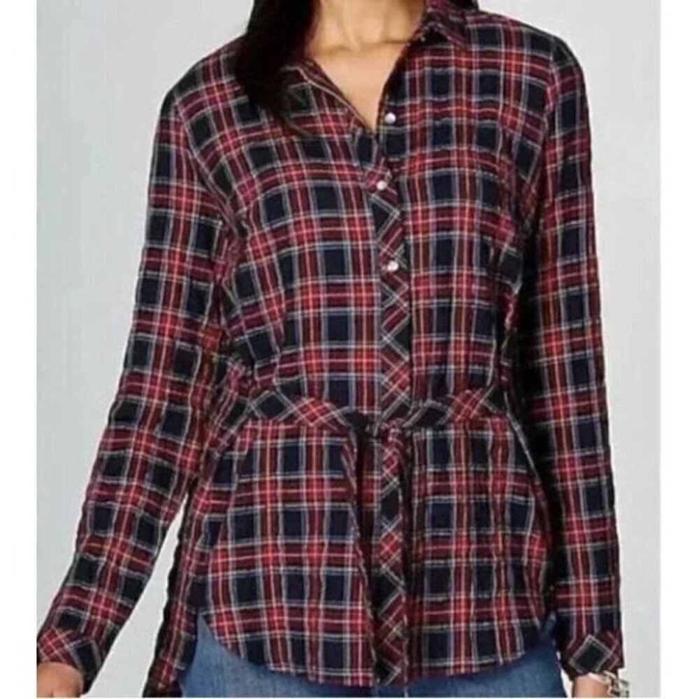 J Jill Top Womens Large Red Tartan Plaid Tie Front Tunic Button Up Preppy Boho